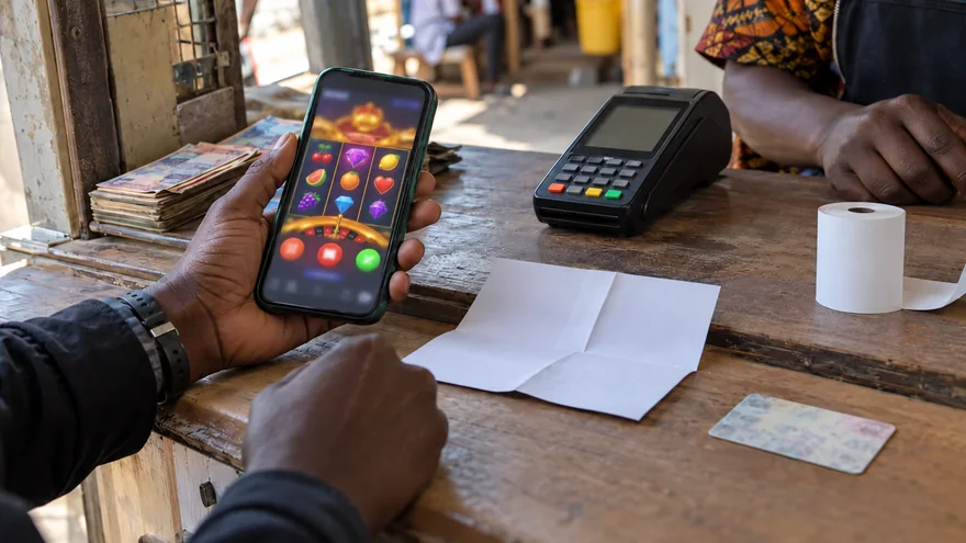 is betpawa legal in zambia guide showing a closed casino cashier window with chips, face-down cards and a blurred betting receipt in the foreground.