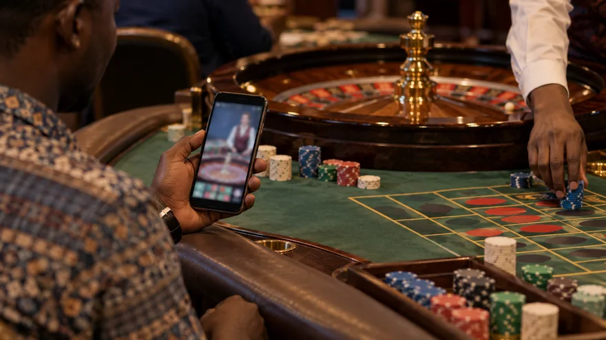 betPawa live casino illustrated by a blurred dealer phone beside a roulette table and croupier.