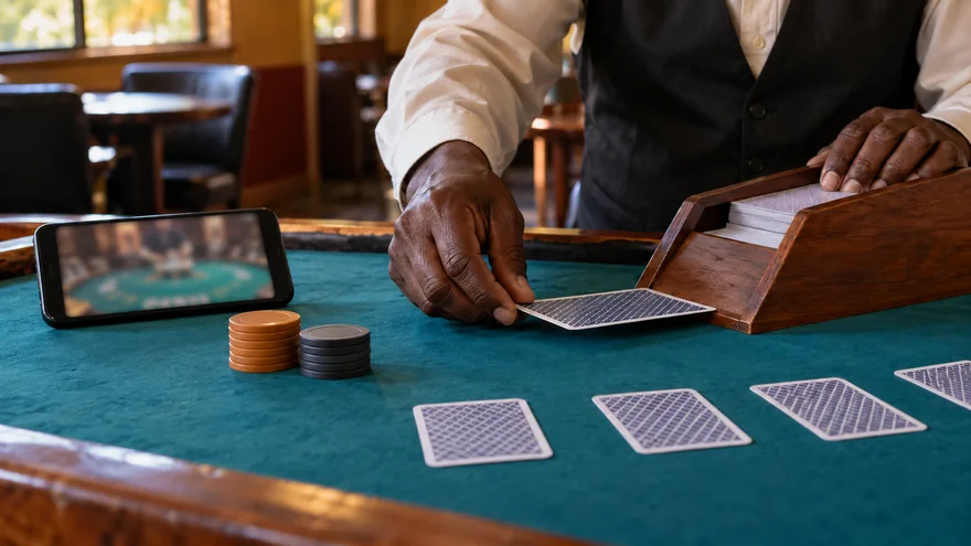 Best live casino checks with a card shoe, dealer hands, plain chips and a blurred table phone on teal felt in Zambia.