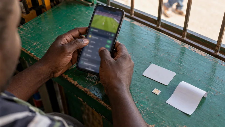 betPawa Zambia login account checks with a phone, an unreadable identity card and a betting slip on a local kiosk counter