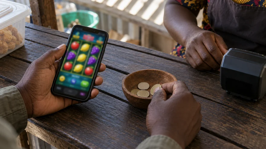 Low deposit casino checks with a coin cup and a reel phone beside a terminal at a Zambia timber counter.