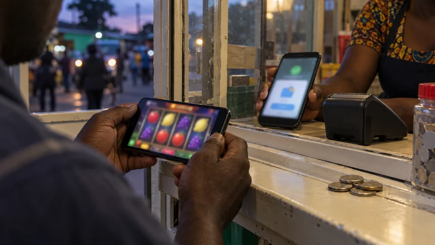 Mobile money casino Zambia checks with a casino phone and agent wallet phone across a glass kiosk partition.