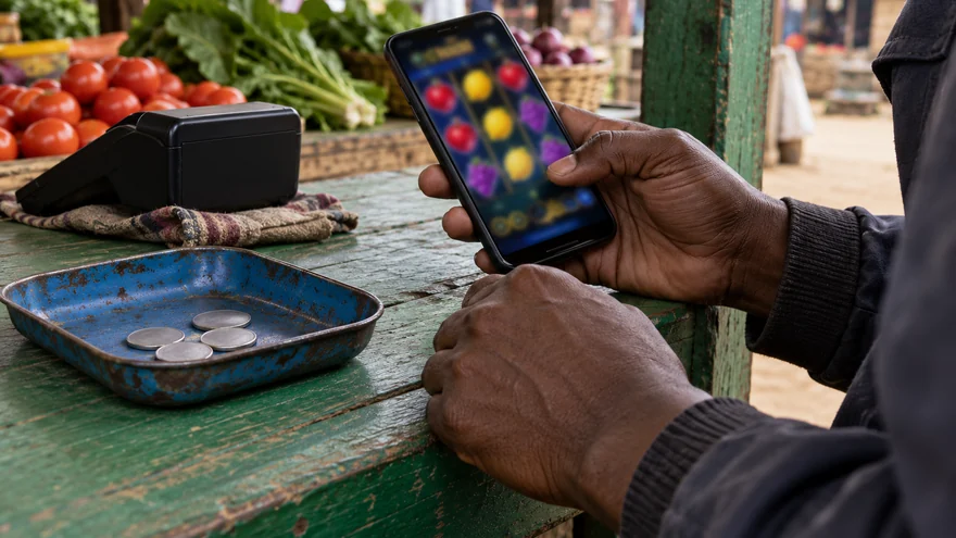 1 dollar deposit casino enquiry with blank coins on a tray beside a casino phone and reversed terminal in Zambia.