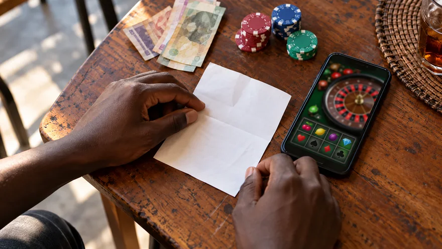 Online casino real money scene with a blurred roulette phone, chips and blank betting coupon on a Zambia table.