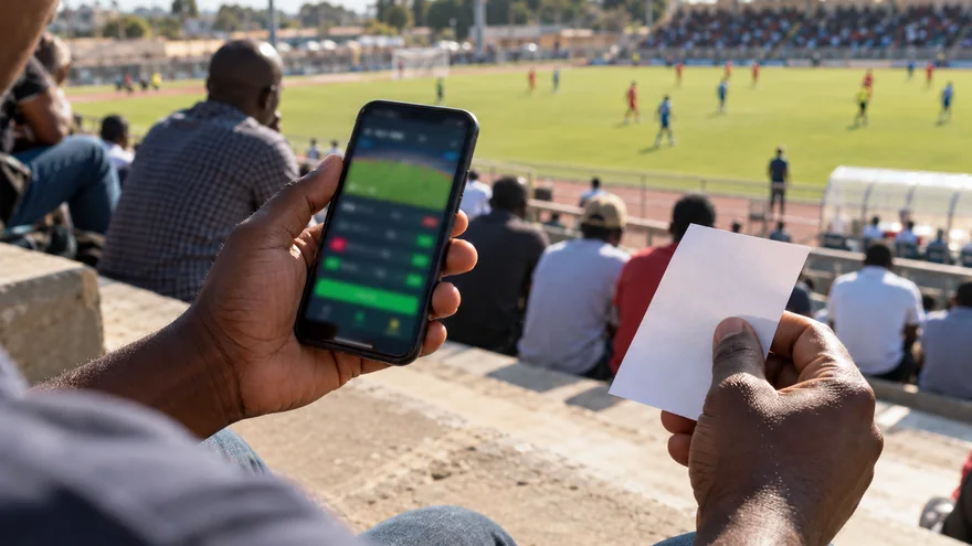 betPawa sports illustrated by a betting phone and blank ticket beside a Zambia football pitch.