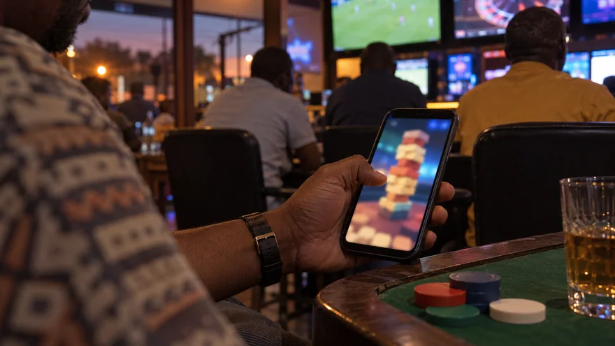 Tower Rush Zambia illustrated by a local adult viewing a blurred tower-stacking phone beside casino chips.