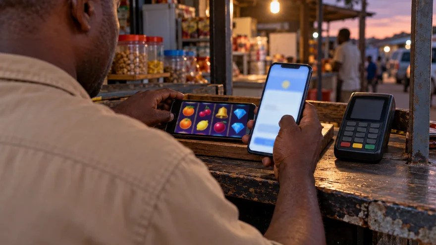 USDT casino comparison scene with an adult checking a blurred transfer screen beside a fruit-slot phone and plain terminal at a Zambia shop counter.