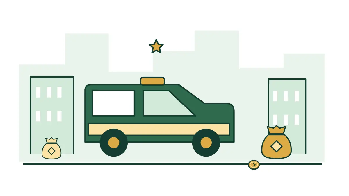 A green patrol van passes coin bags on a stylised city street.