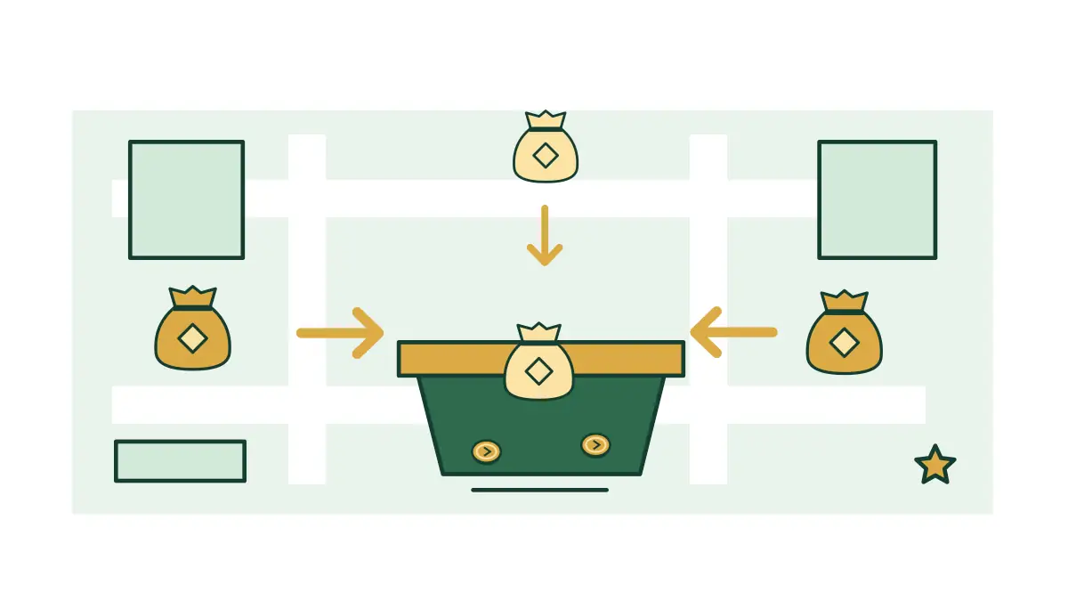 Cash-bag tokens follow three routes towards a central collection tray.