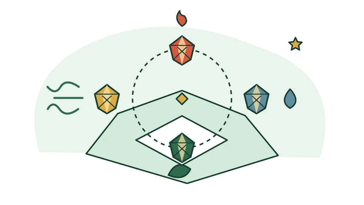 Four coloured elemental jewels surround a carved stone centre.