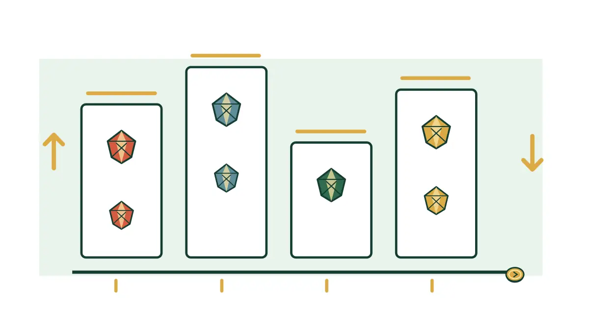 Jewel columns of different heights form a changing reel area.