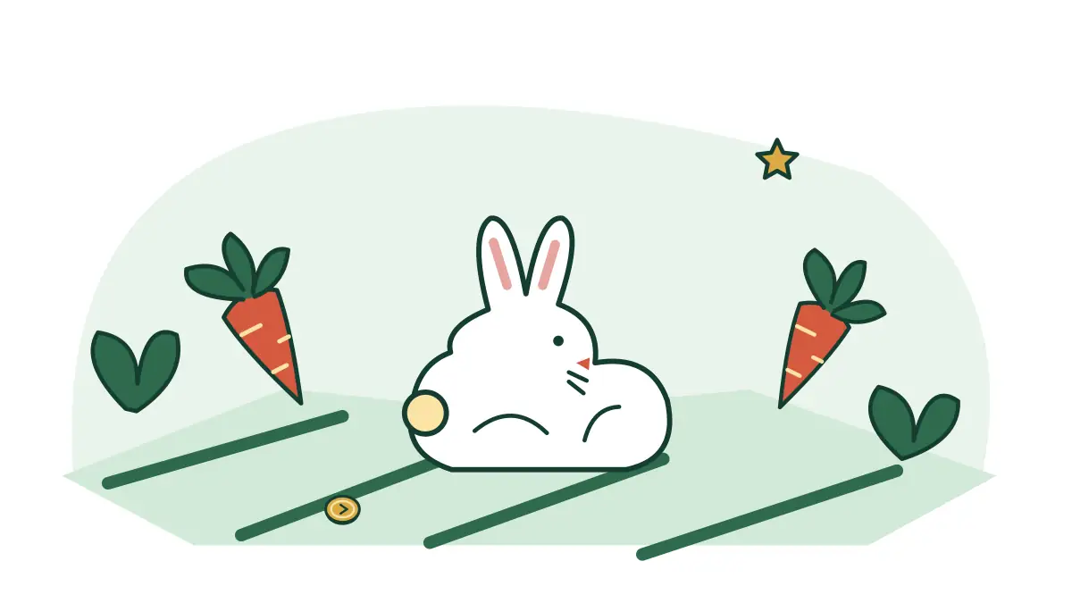 A white rabbit rests among carrots and leafy garden rows.