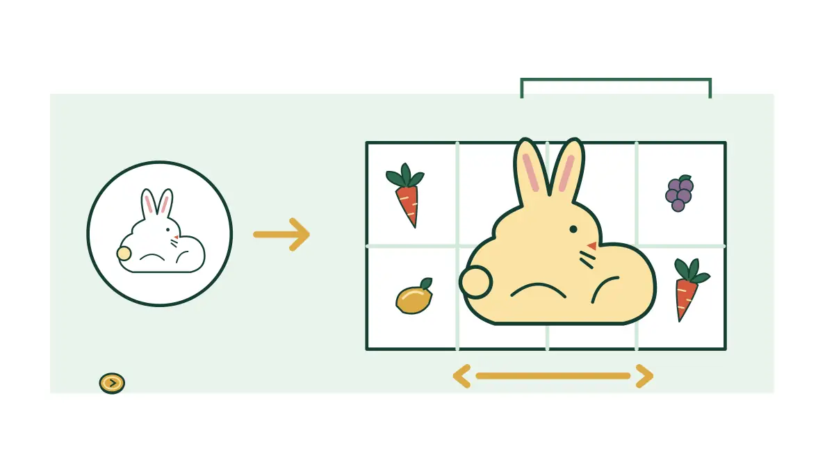 A large rabbit expands across a strip of vegetable symbol tiles.