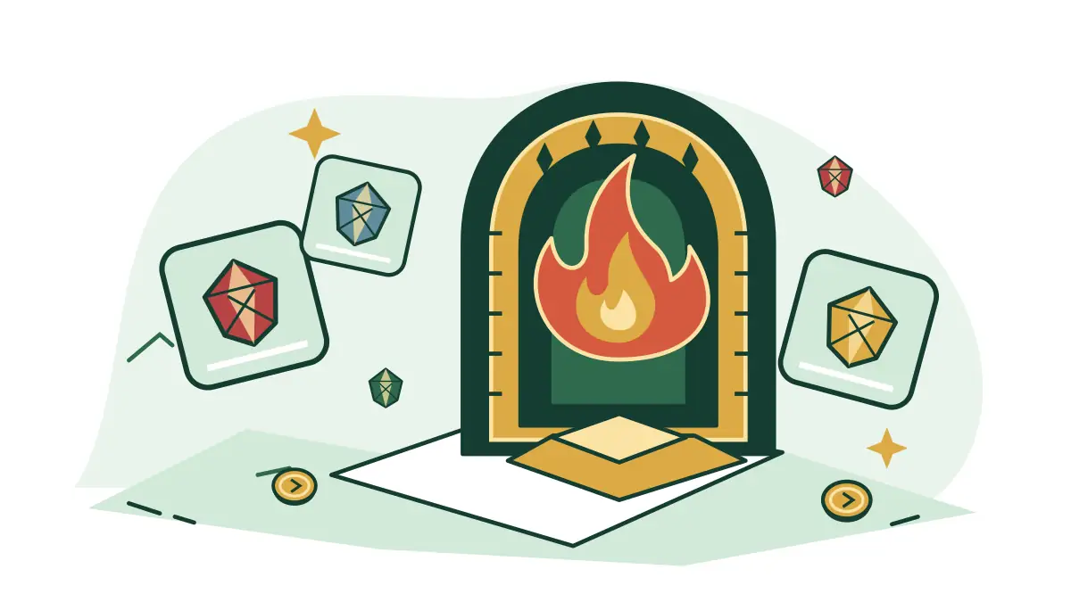 Fire portal framed by floating red, blue and gold jewel tiles.
