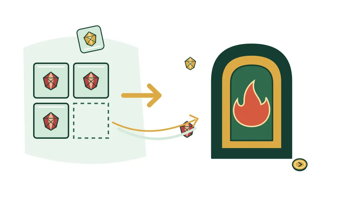 Jewel groups clear towards a fire portal with replacement tiles above.