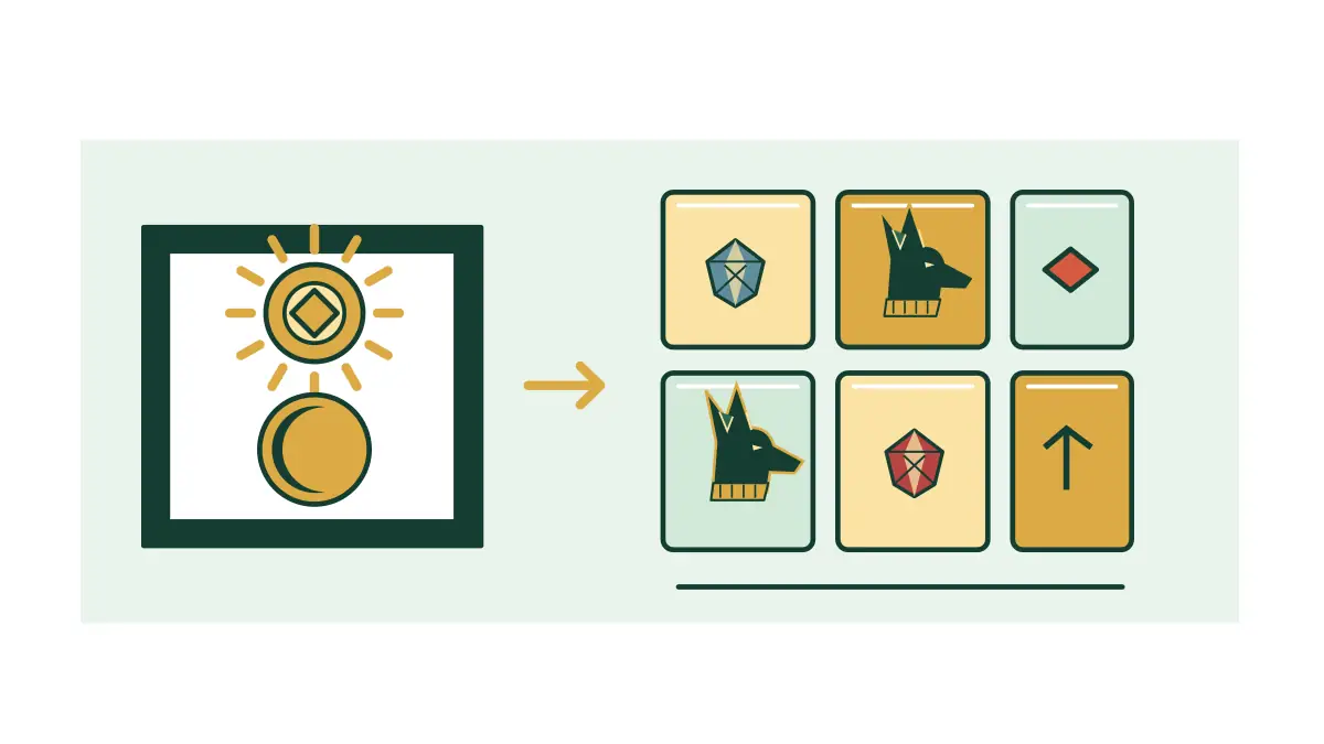 Paired sun and moon emblems sit beside a field of Egyptian symbol blocks.