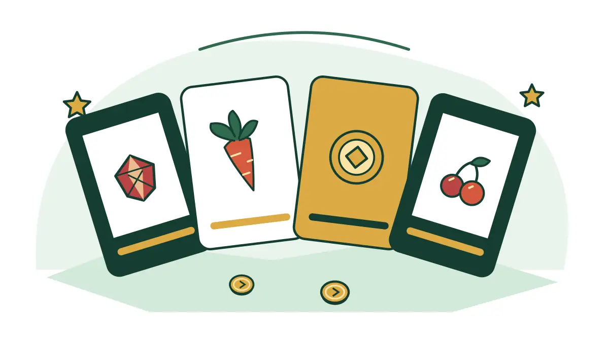 A fan of game cards with jewel, carrot, sun and cherry symbols.