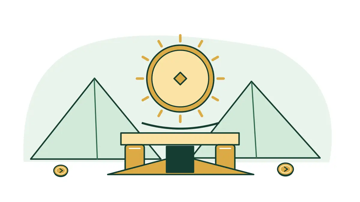 A golden sun coin rises above pyramids and an Egyptian stone gateway.