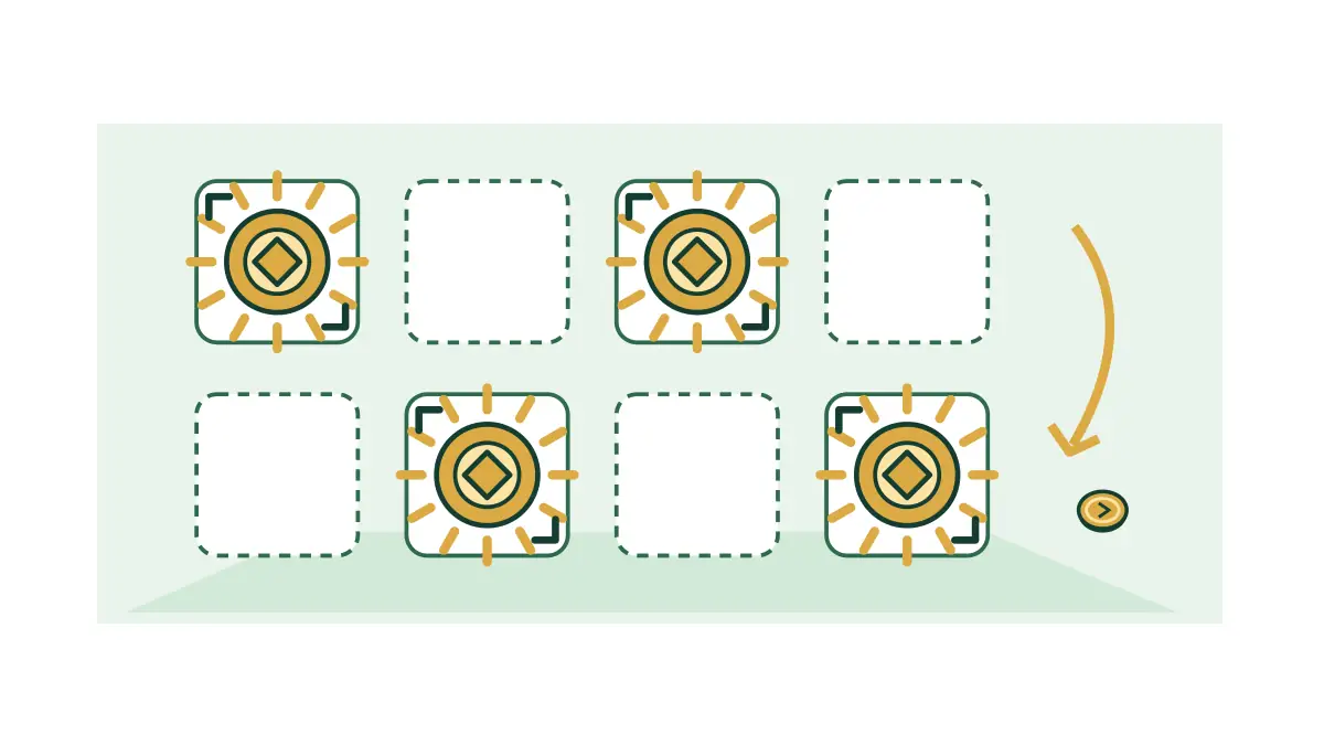 Sun coins rest in held positions while other outlined spaces remain open.