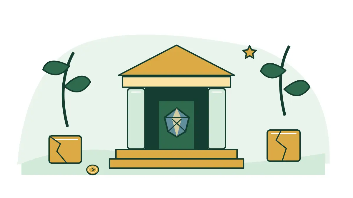 A jungle temple shelters a large jewel between cracked stone blocks.