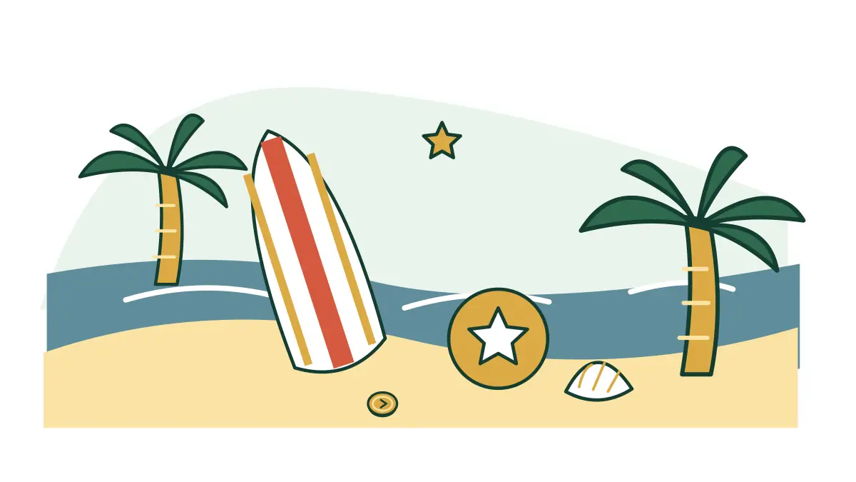 Palm trees, a striped beach board and star tokens on a tropical shore.
